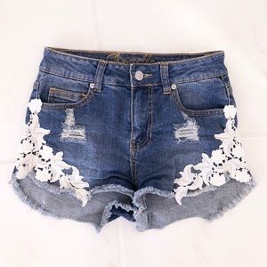 Embroidered Mid Rise Denim Shorts